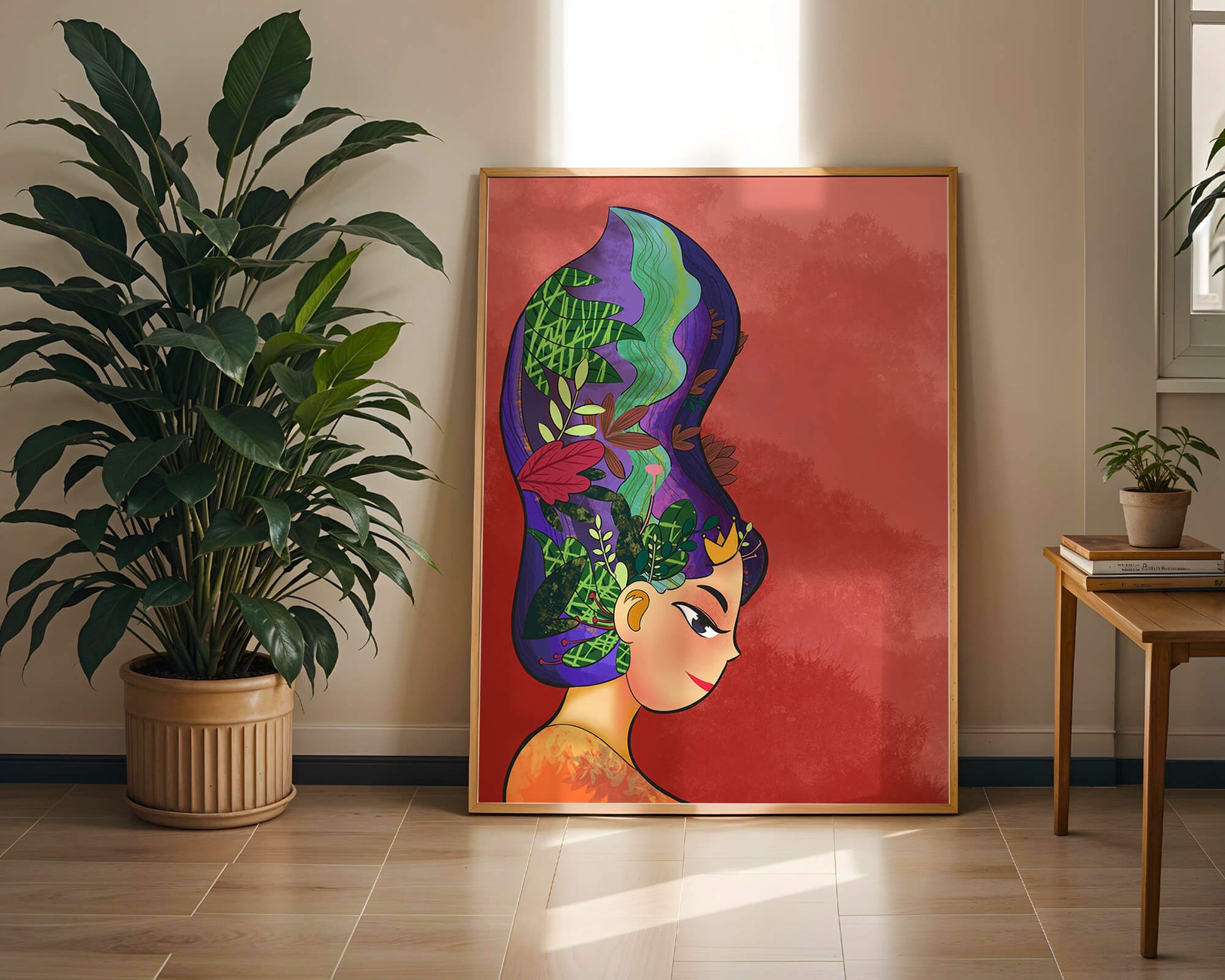 Colorful artistic portrait with nature-inspired hair design