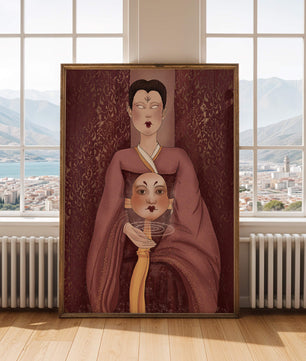 Ilustración de una figura mística con máscara y fondo ornamentado