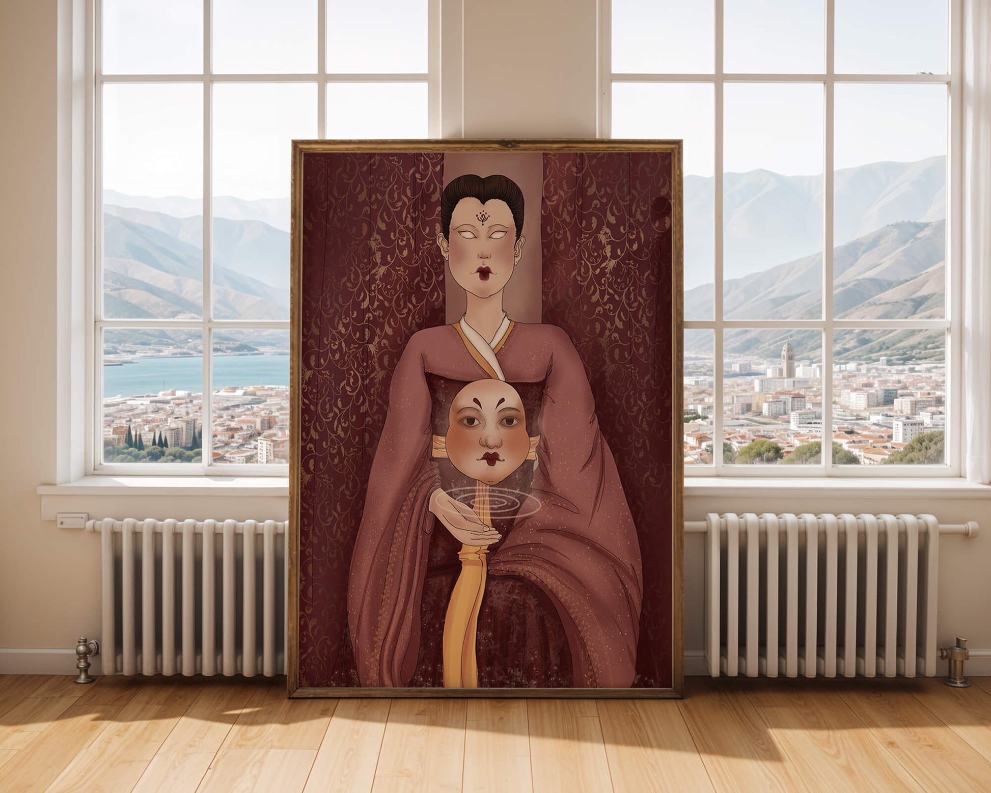 Ilustración de una figura mística con máscara y fondo ornamentado