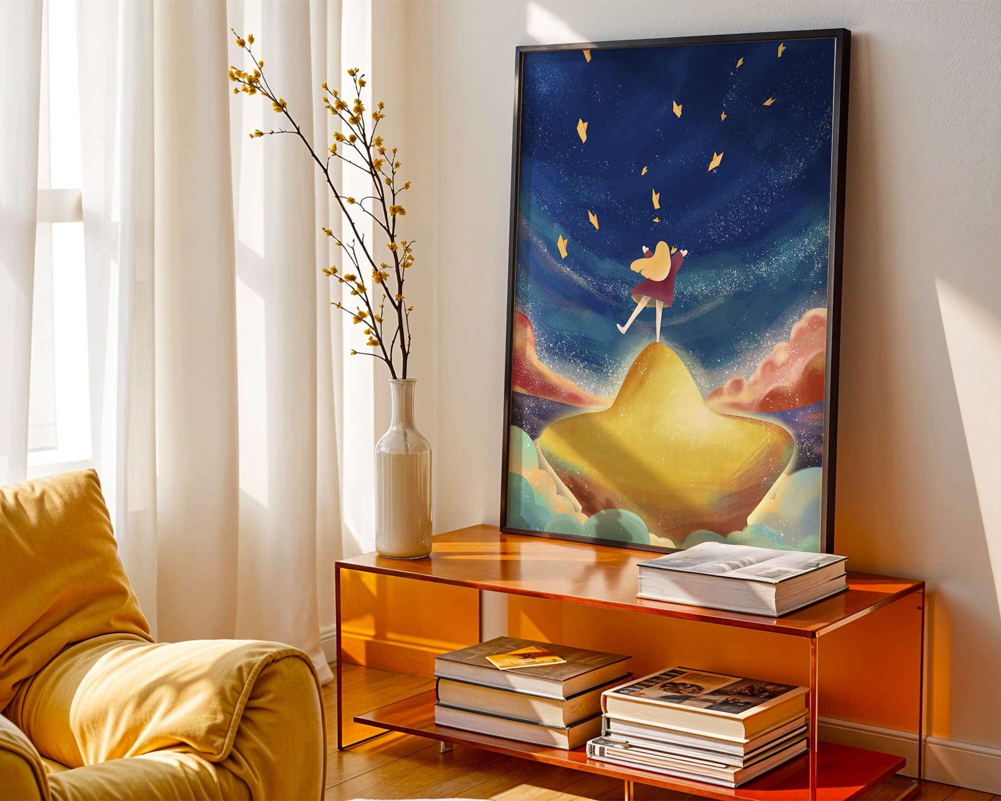 Girl standing on a golden hill reaching for stars in a dreamy night sky
