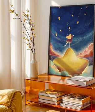 Girl standing on a golden hill reaching for stars in a dreamy night sky