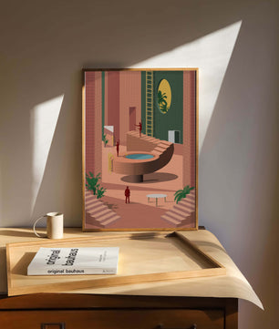 Modernes architektonisches Interieur mit geometrischem Design und Grün