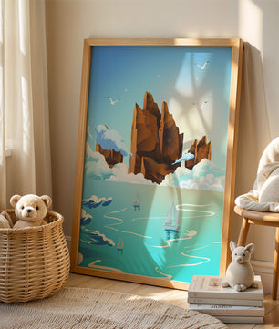 Majestic Sea Cliffs and Sailboats in Serene Landscape