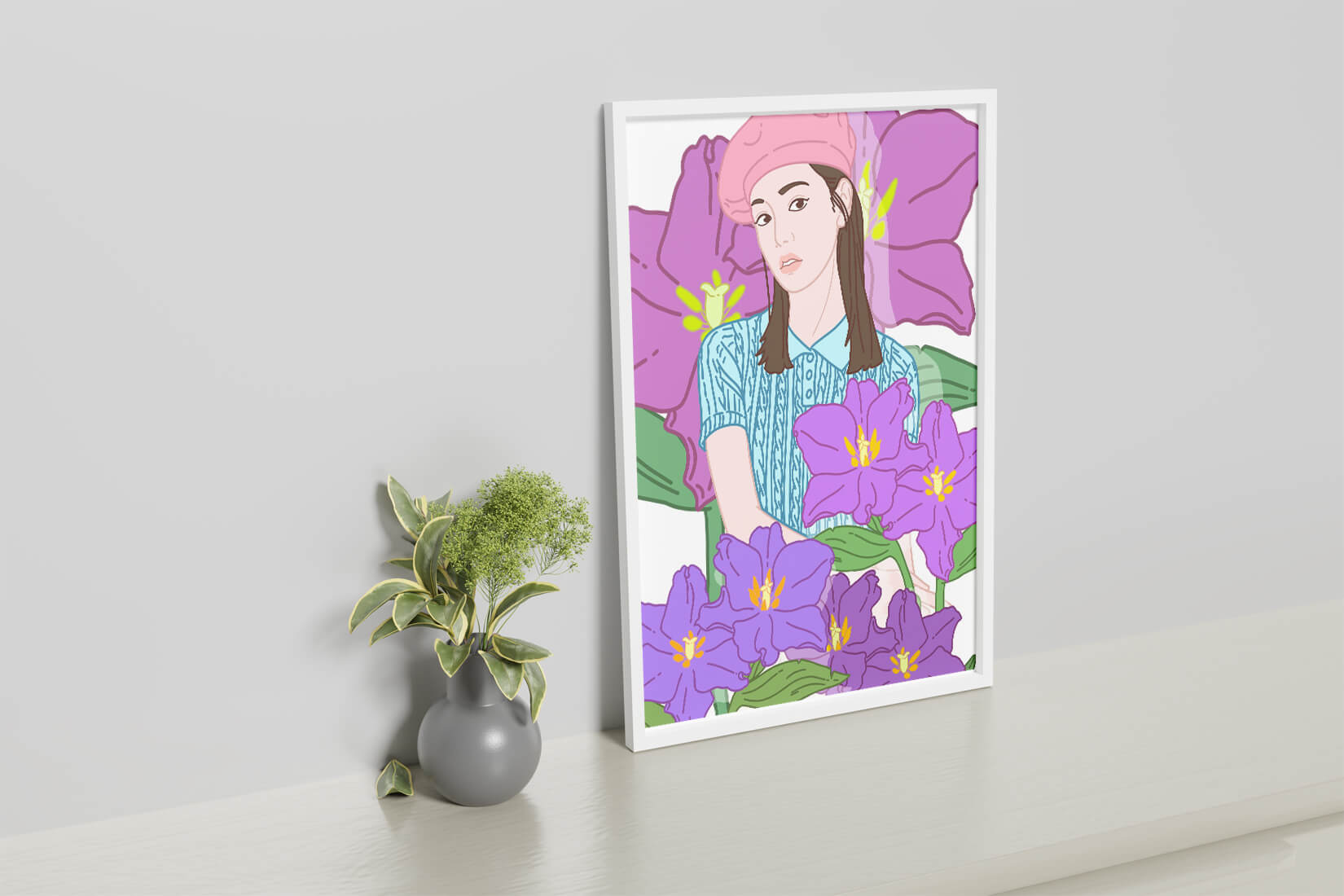 Ilustración de una joven con boina rosa y flores moradas