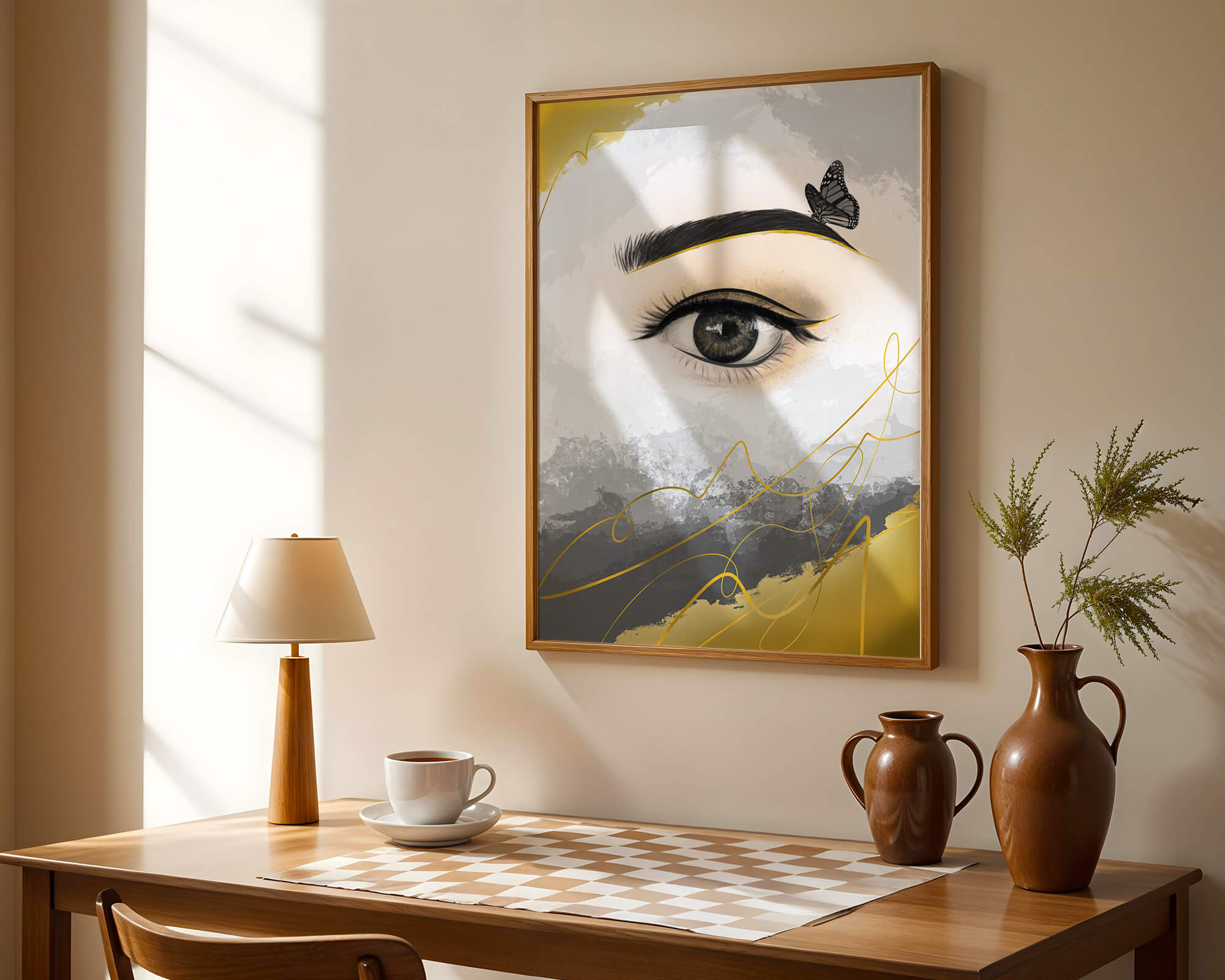 Artistic eye illustration with butterfly and abstract gold accents