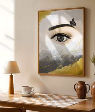 Artistic eye illustration with butterfly and abstract gold accents