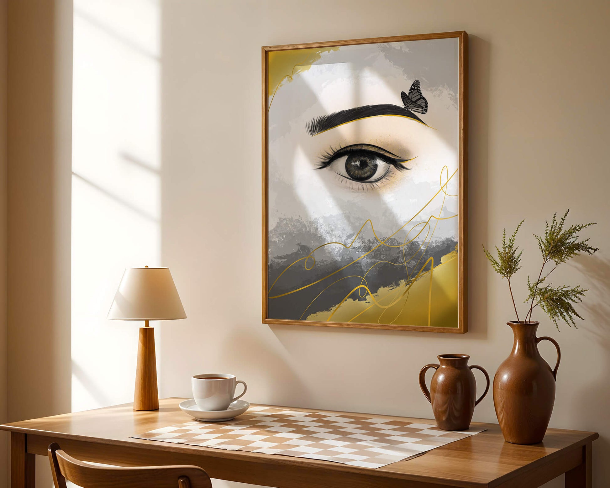 Artistic eye illustration with butterfly and abstract gold accents