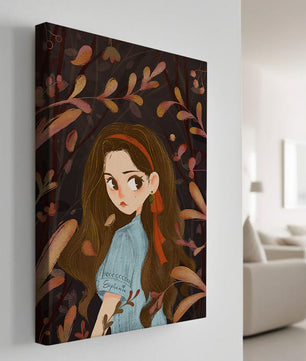 Ilustración elegante de una chica rodeada de follaje abstracto