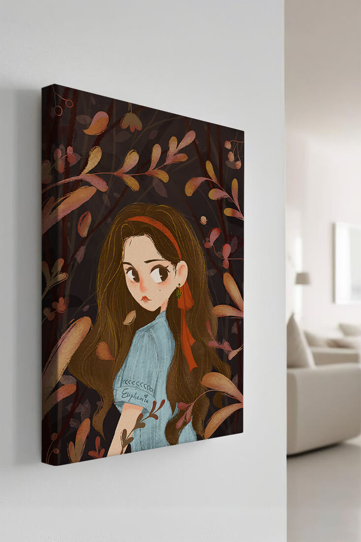 Elegante ilustración de una niña rodeada de follaje abstracto.