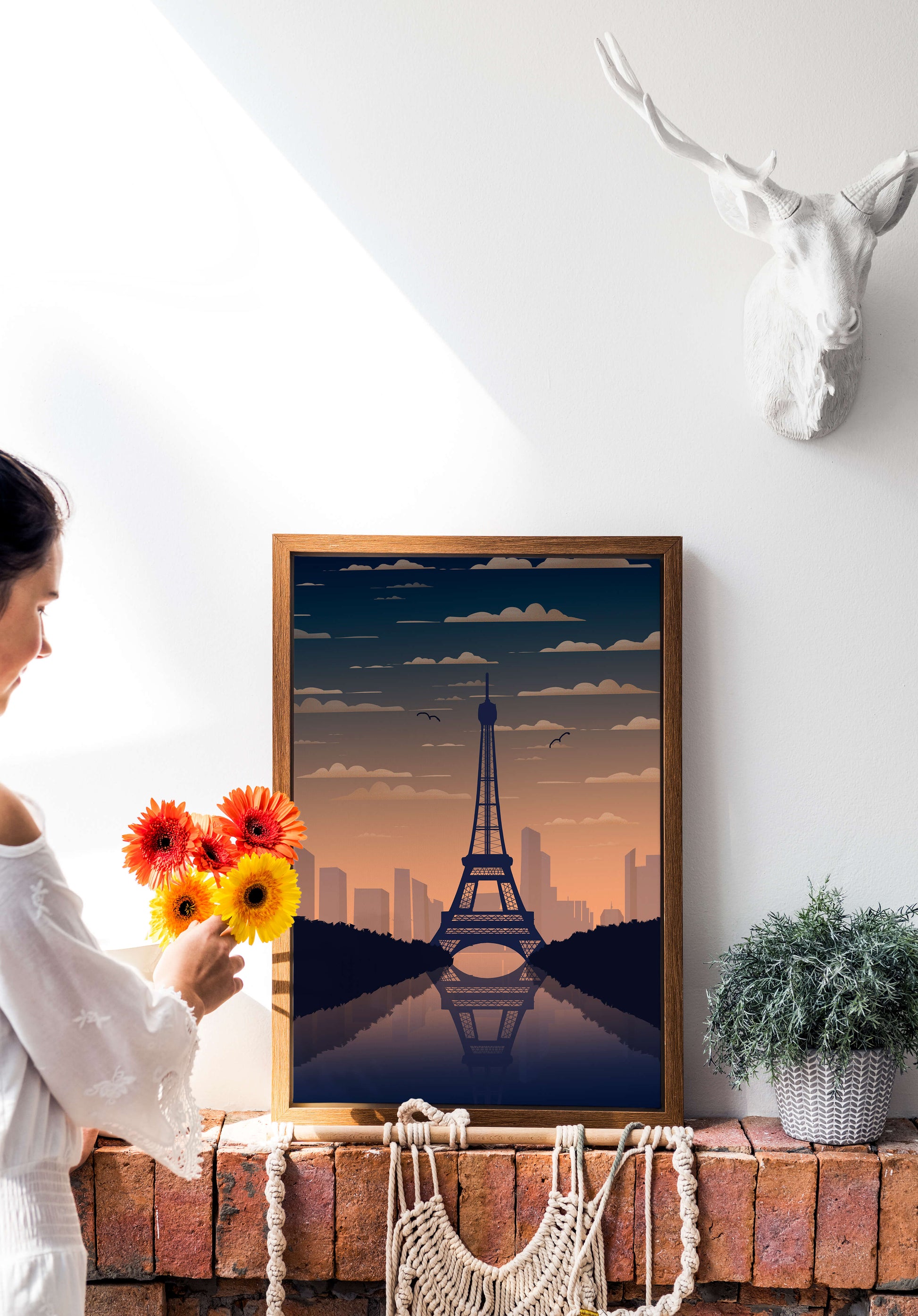 Scenic view of the Eiffel Tower at dusk with city skyline reflection