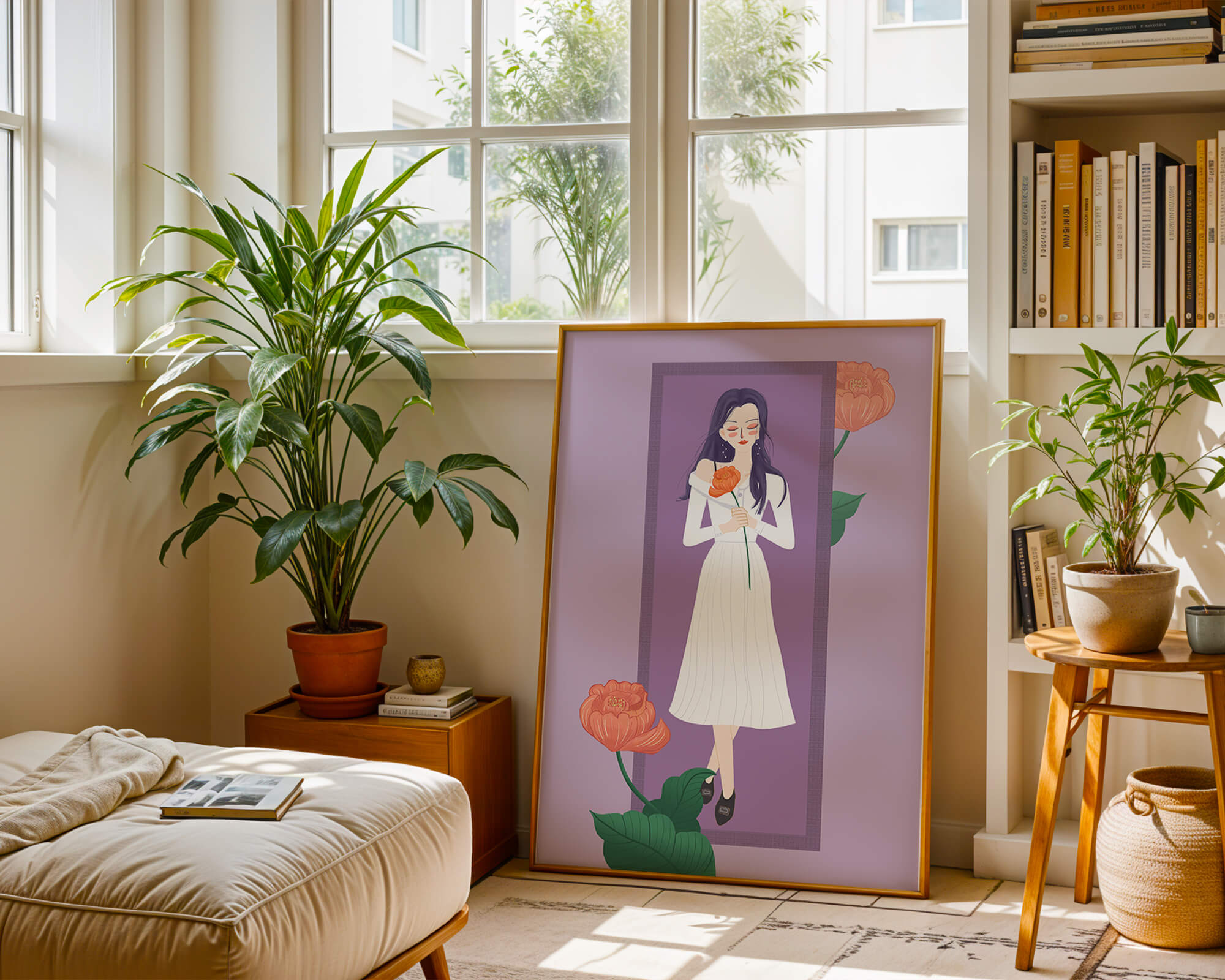 Illustration of a woman holding a flower in a serene pose