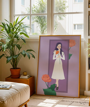 Illustration of a woman holding a flower in a serene pose