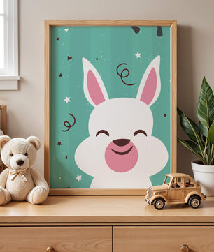 Adorable cartoon bunny on teal background with playful elements