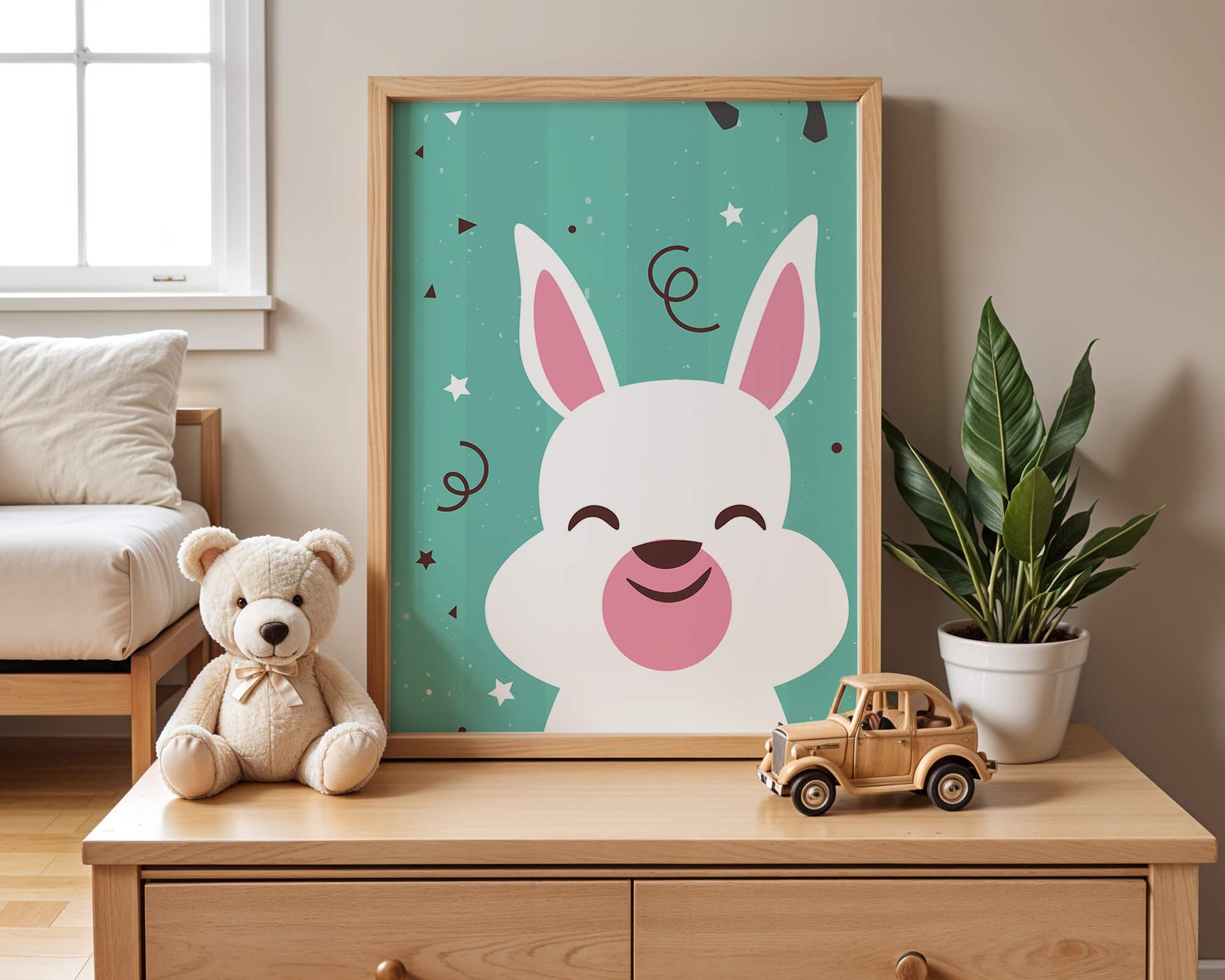 Adorable cartoon bunny on teal background with playful elements