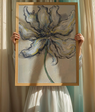 Elegant blue and green abstract floral artwork with flowing lines
