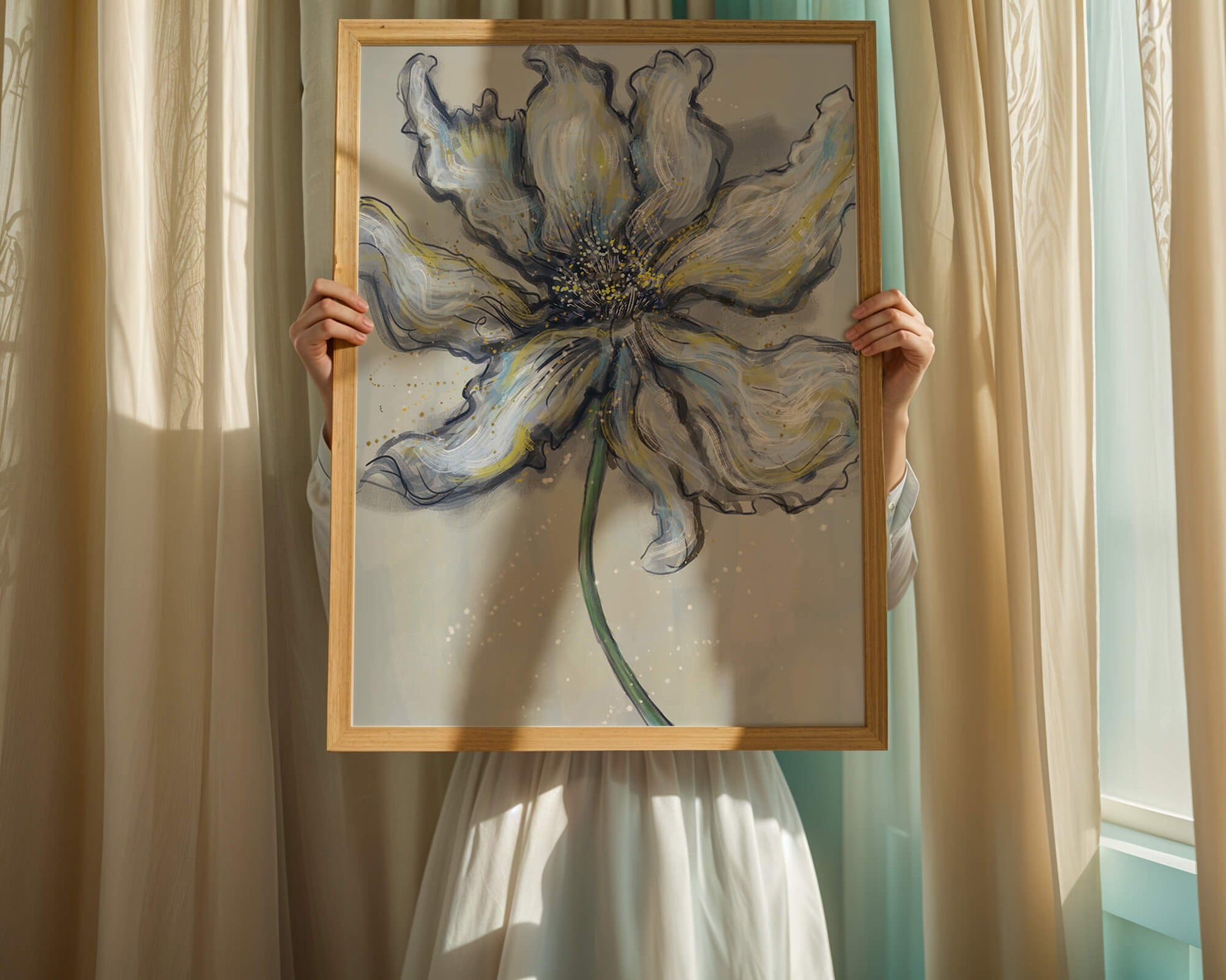 Elegant blue and green abstract floral artwork with flowing lines