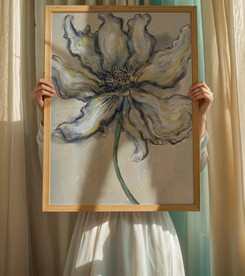 Elegant blue and green abstract floral artwork with flowing lines
