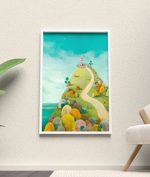 Charming lighthouse illustration on a scenic hilltop