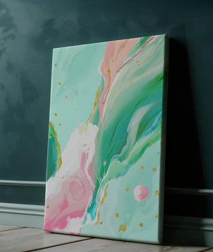 Obra de arte abstracta en pasteles y dorado con patrones fluidos