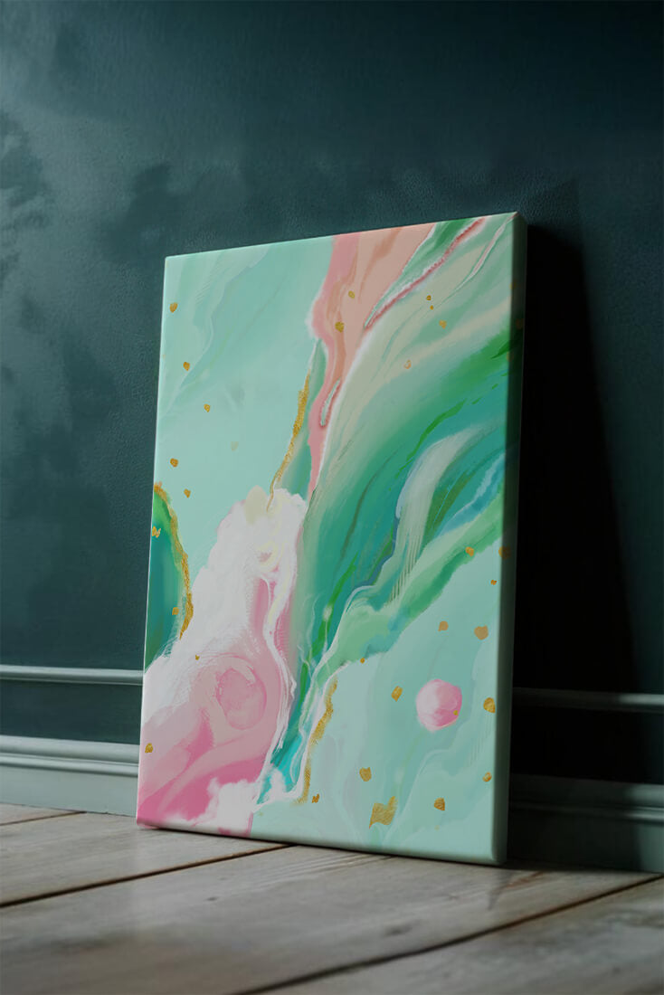 Obra de arte abstracta en pasteles y dorado con patrones fluidos