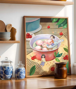 Charming illustration of children with dessert in a whimsical setting