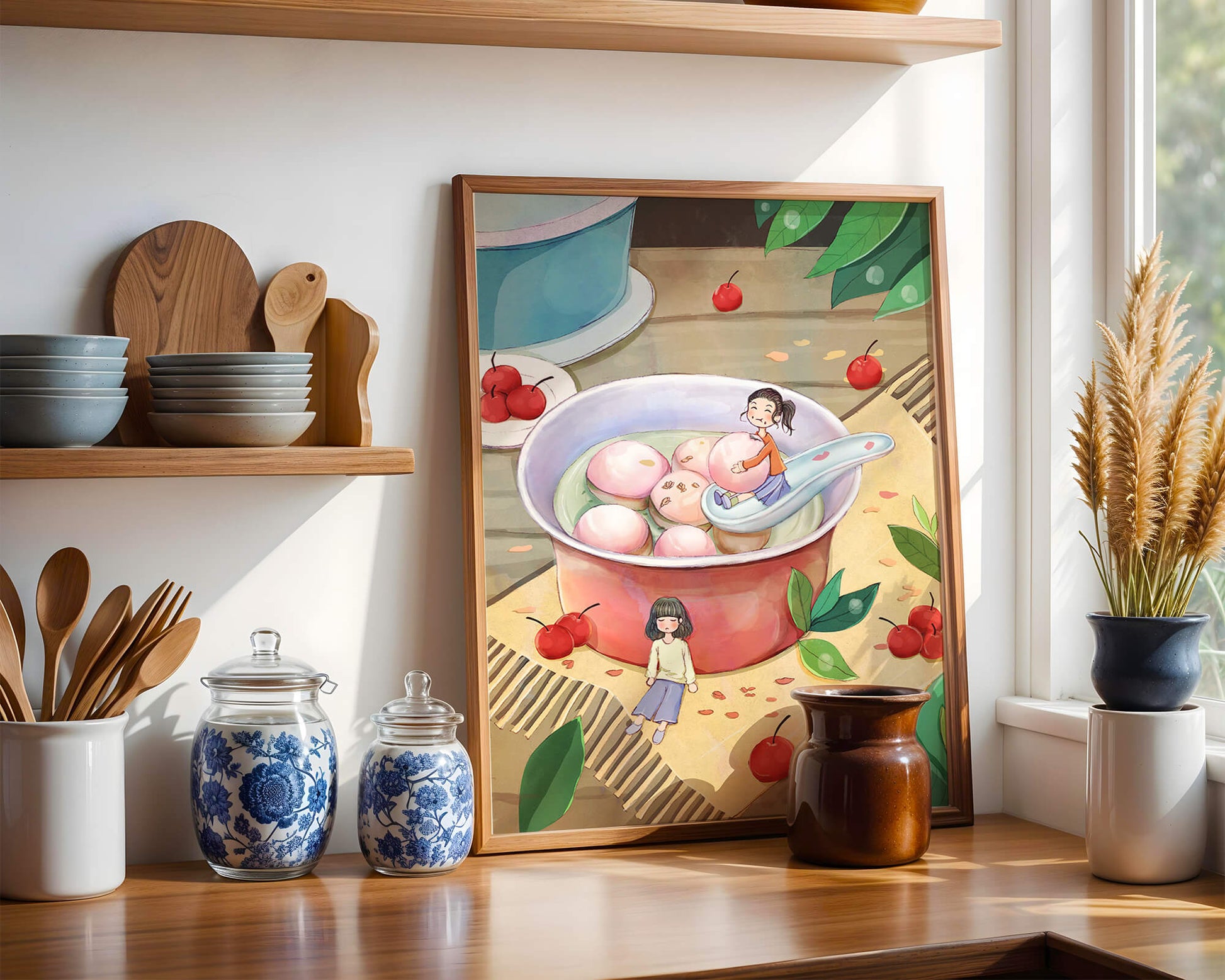 Charming illustration of children with dessert in a whimsical setting
