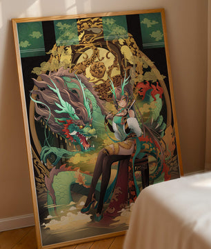 Art fantastique élégant d'une femme avec un dragon majestueux et des éléments dorés