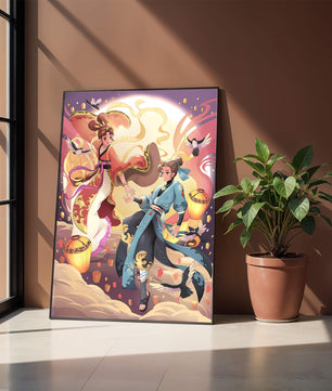 Dynamic anime scene with traditional attire and lanterns