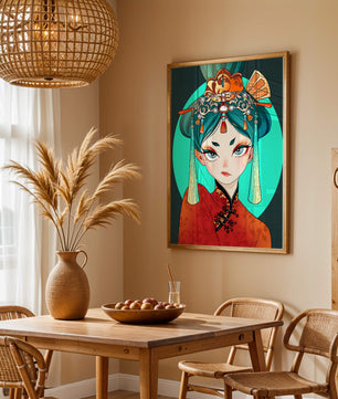 Elegant illustration of a woman in traditional attire with intricate headpiece
