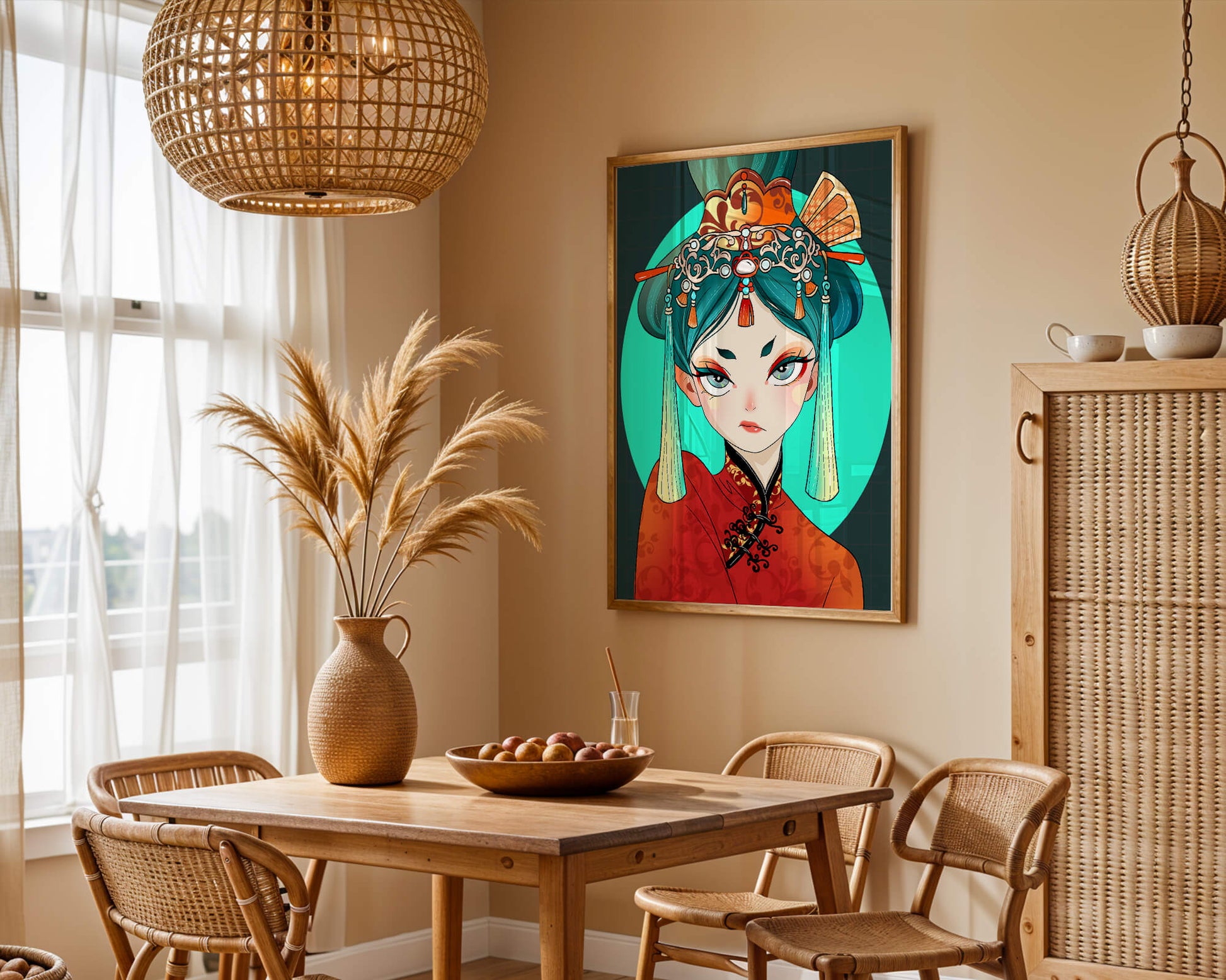 Elegant illustration of a woman in traditional attire with intricate headpiece