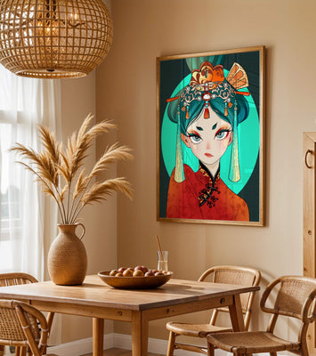 Elegant illustration of a woman in traditional attire with intricate headpiece