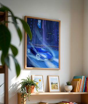 Futuristisches blaues Auto rast durch neonbeleuchtete, verregnete Stadtlandschaft