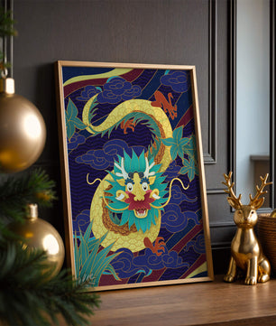 Illustration de dragon coloré avec des nuages ​​et des éléments de feuillage