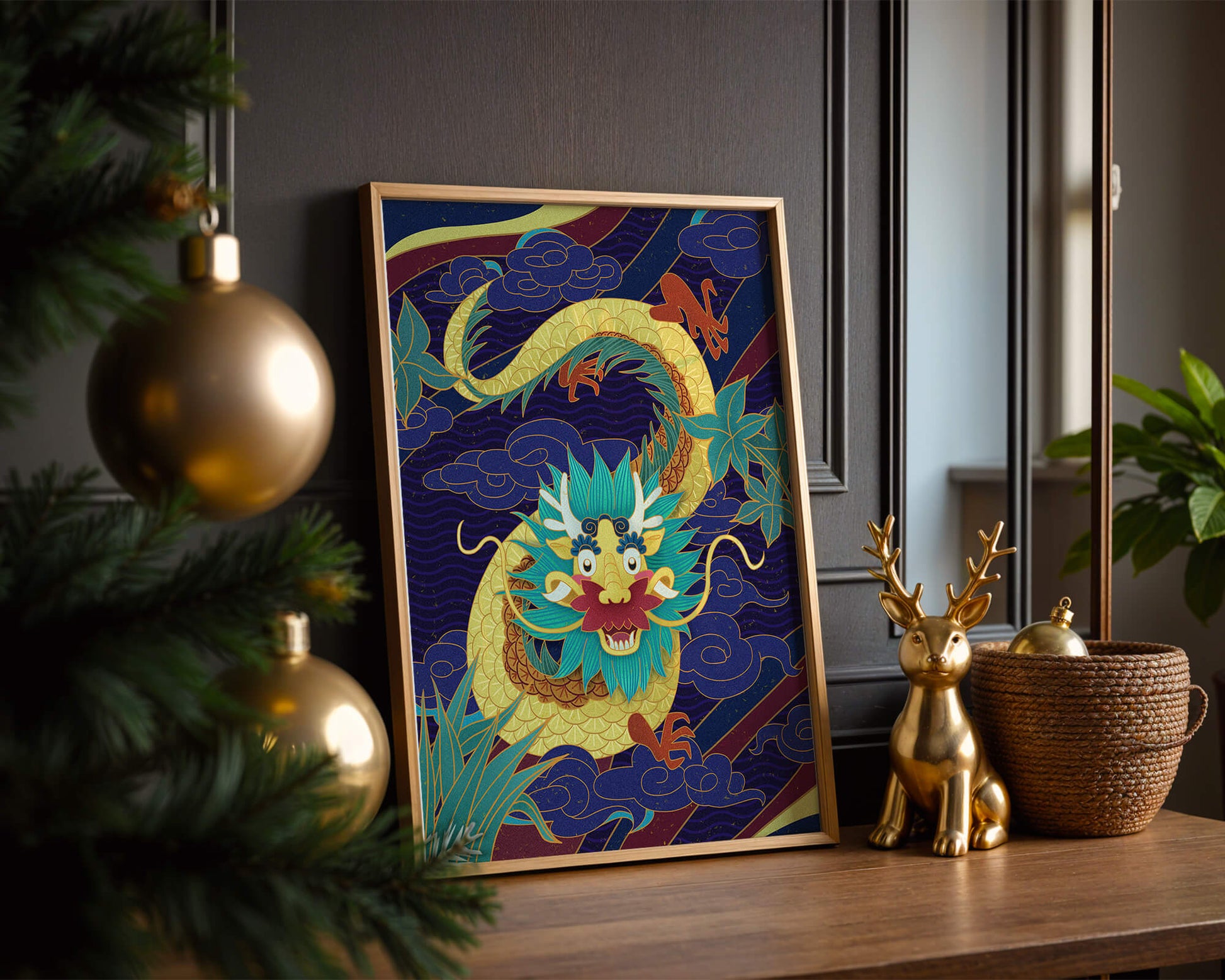Illustration de dragon coloré avec des nuages ​​et des éléments de feuillage