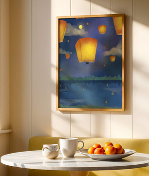 Lanterns Floating in Night Sky over Reflective Lake