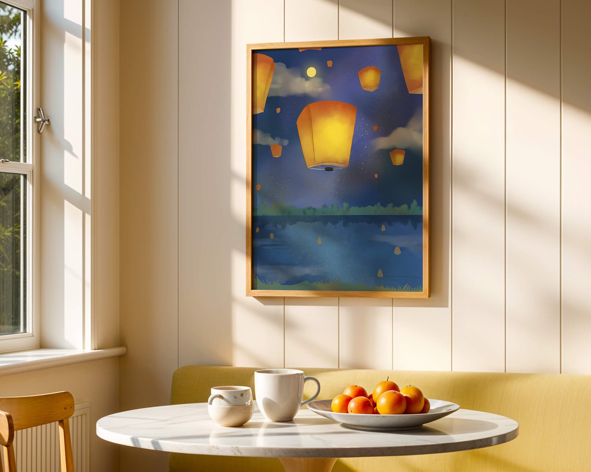 Lanterns Floating in Night Sky over Reflective Lake