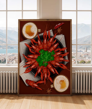 Gourmet-Meeresfrüchteplatte mit Flusskrebsen und Kaffeetassen