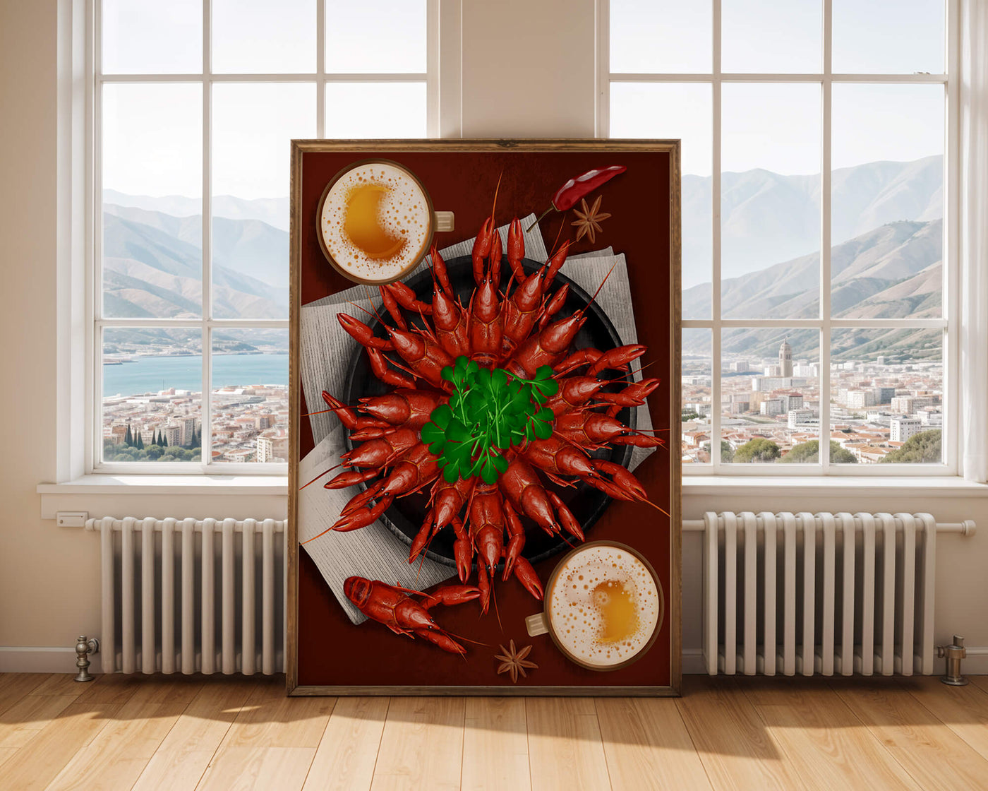 Gourmet seafood platter with crayfish and coffee cups