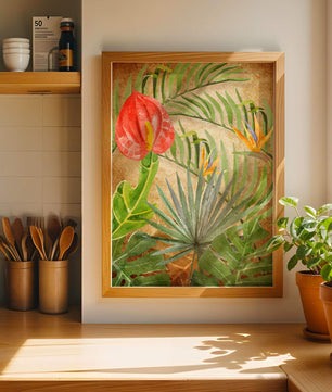 Colorful botanical illustration with tropical leaves on textured background