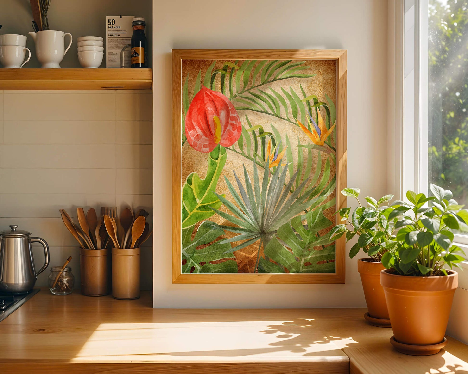 Colorful botanical illustration with tropical leaves on textured background