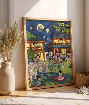Traditional Chinese Garden Scene with Lanterns and Moon Rabbit