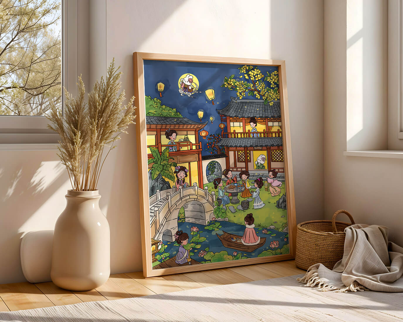 Escena de jardín chino tradicional con linternas y conejo lunar