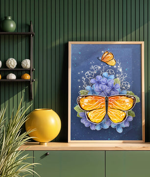 Bright butterfly with blue flowers on a starry background