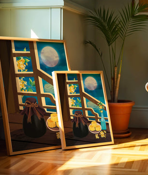 Noche iluminada por la luna con pasteles de luna y decoración floral sobre una mesa de madera