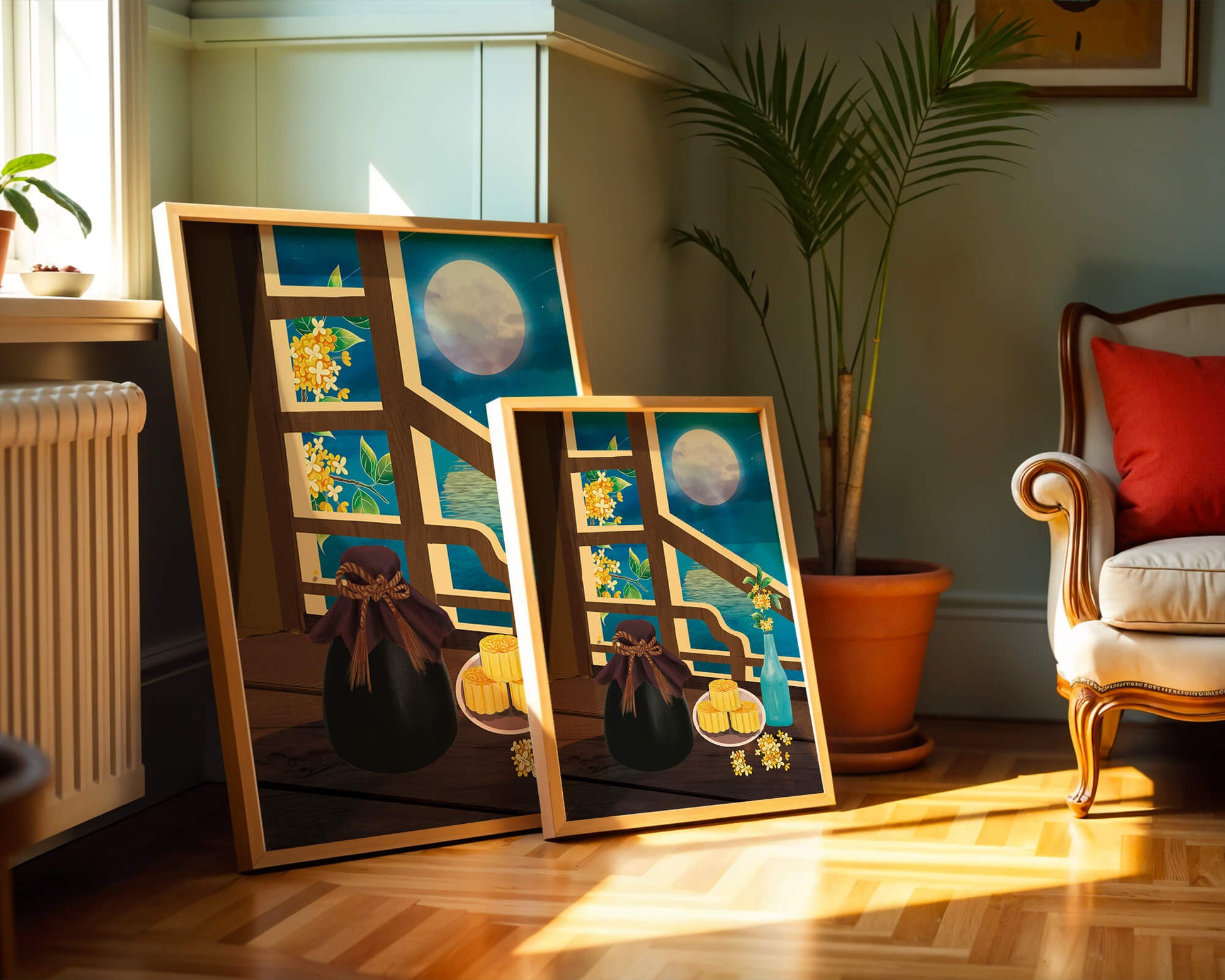 Noche iluminada por la luna con pasteles de luna y decoración floral sobre una mesa de madera