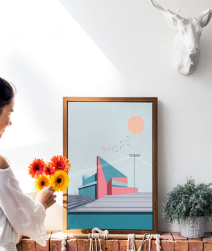 Ilustración arquitectónica moderna con diseño geométrico y atardecer
