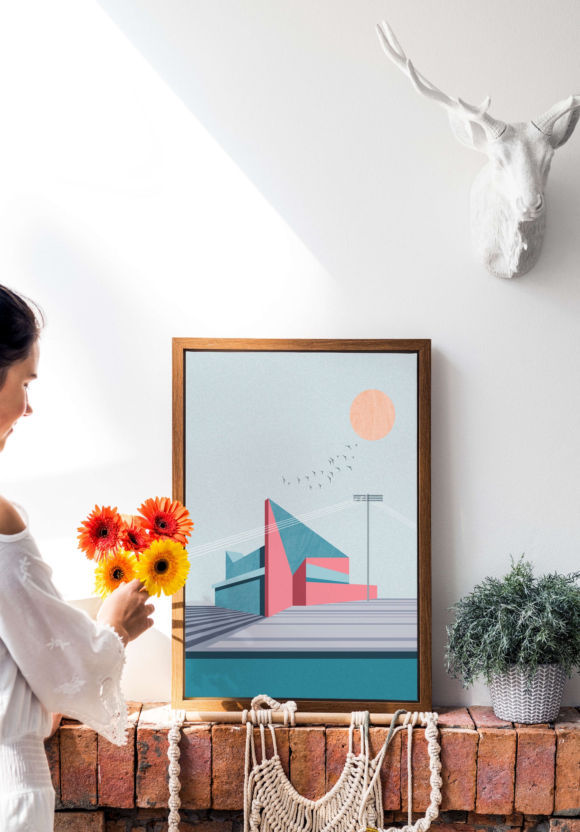 Ilustración arquitectónica moderna con diseño geométrico y atardecer