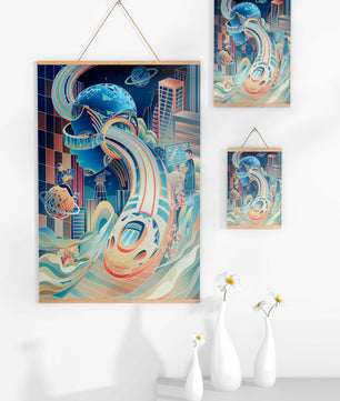 Futuristische Illustration mit VR-Thema und technologischen Elementen