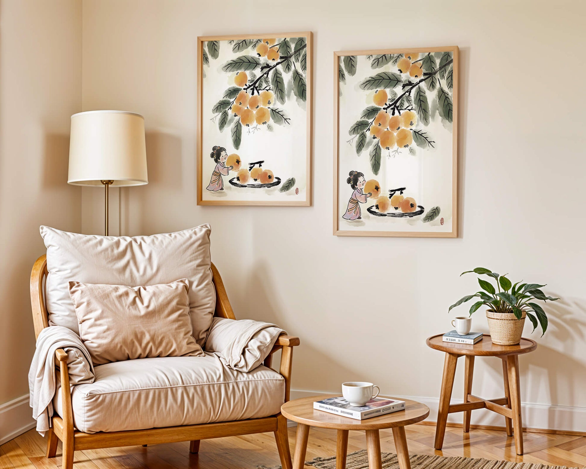 Arte japonés con una niña recogiendo caquis bajo un árbol