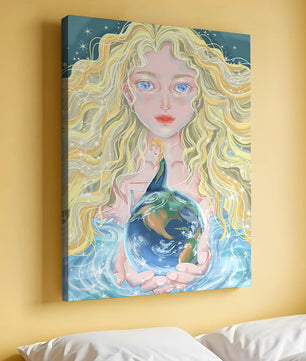 Fantasy artwork of woman holding earth with shimmering details